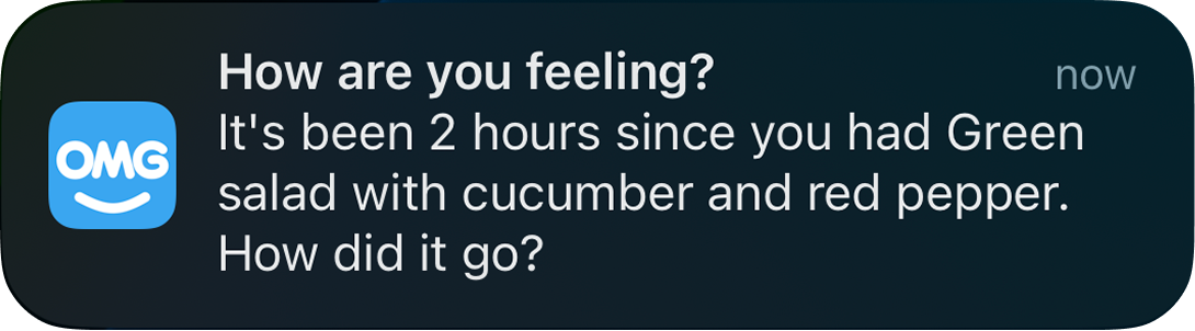 Notification asking how you are feeling after a meal
