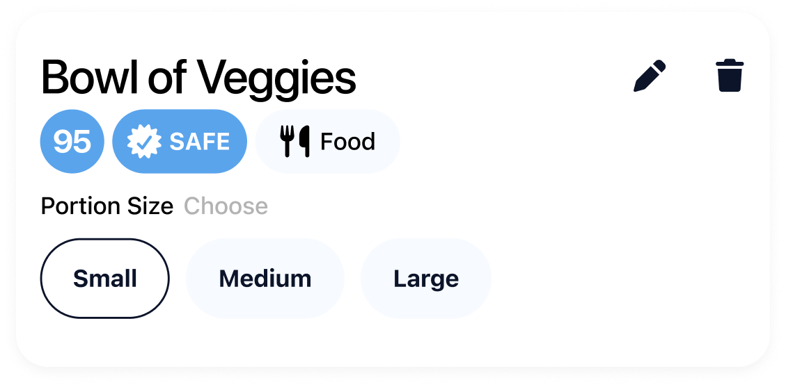 Bowl of Veggies card showing portion size and safety score