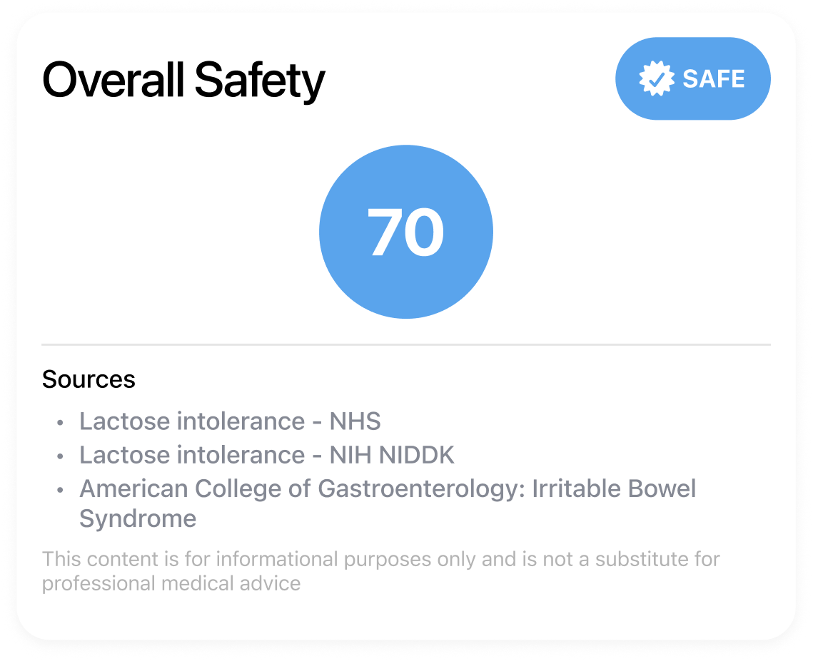 Overall Safety card with gut safety score and sources