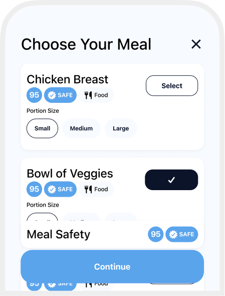 Choose your meal screen showing menu items and safety labels
