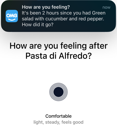 Follow-up check-in notification asking how you feel after a meal