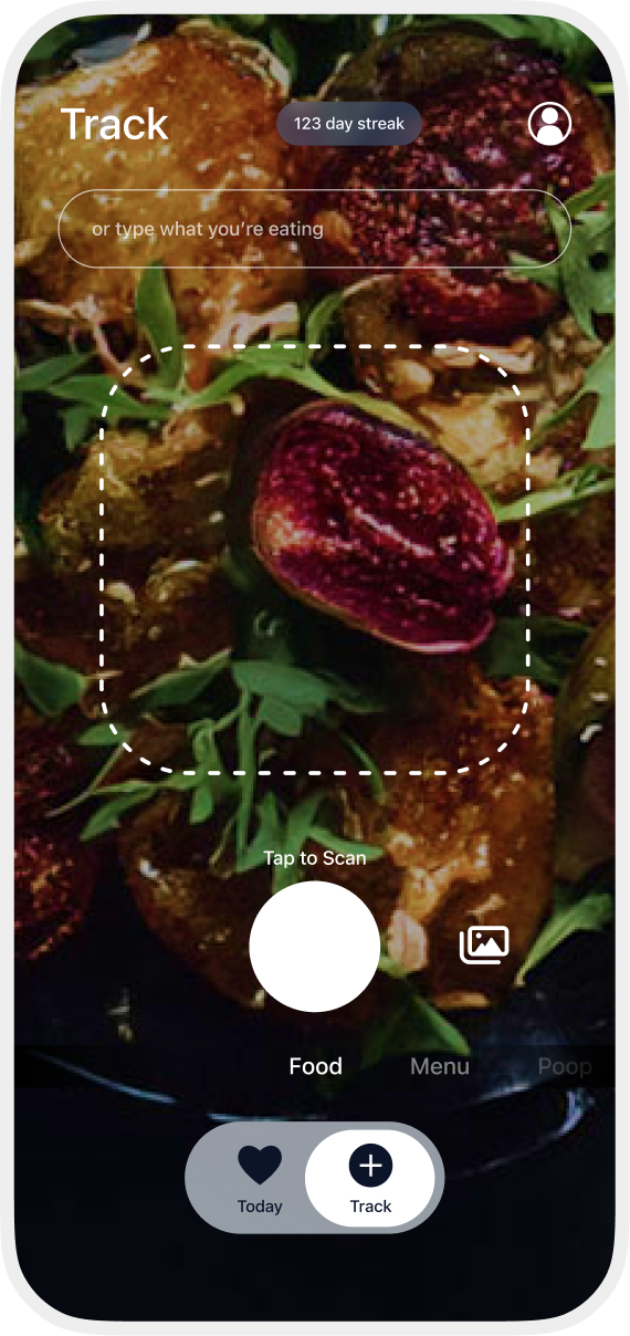 Oh My Gut app showing meal safety score on a plate of food